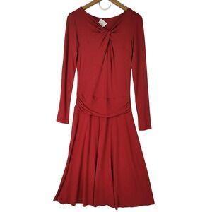 Donna Morgan Vintage Red Jersey Long Sleeve A-Line Knot Front Midi Dress Size 6
